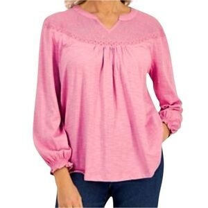 Style &‎ Co Women Lace Top Embroidered Sheer Yoke Split Neckline Pink Size 2X